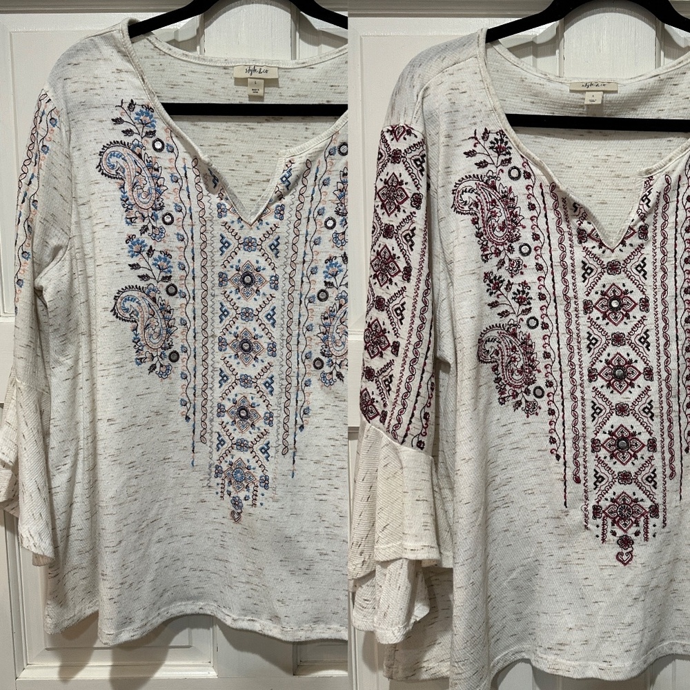 2 Style & Co. Boho Embroidered Cotton Long Sleeve Shirt Flutter Cuff Women Large